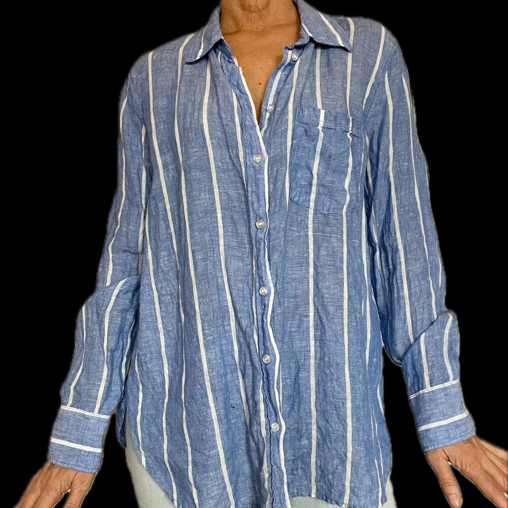 Long-Sleeve Blue and Cream Blouse